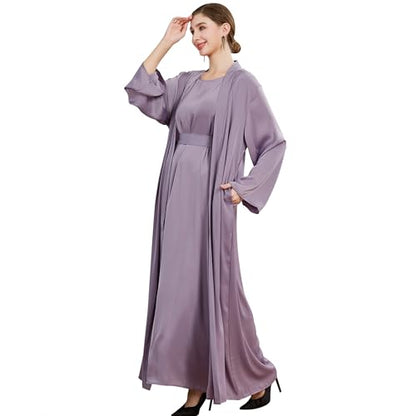 Islamic Abaya Dress for Women Muslim Maxi Abayas 2pcs Silky Fashion Dress Set Daily Kaftan Jilbab Outfit Women Eid Robe - color: Purplea, size: X-Large