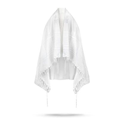 Full Size Tallit Prayer Shawl, Hand-Tied Tzitzit in Israel by a Jewish Craftsman, Blessing On Neckband - color: White & Silver, size: Size 50 - 68 x 48 Inch