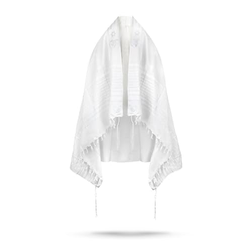 Full Size Tallit Prayer Shawl, Hand-Tied Tzitzit in Israel by a Jewish Craftsman, Blessing On Neckband - color: White & Silver, size: Size 60 - 75 x 55 Inch