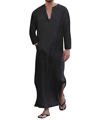 Jacansi Men's 65% Cotton 35% Linen Kaftan Thobe, Long Sleeve Casual Arabic Robe, Loose Long Gown with Pockets - color: Black #1, size: Large