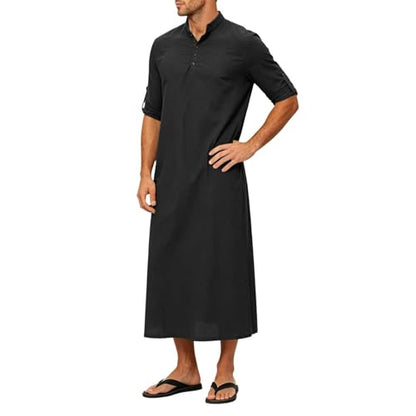 Men's Linen Kaftan Robe Button Down Long Sleeve Henley Collar Cotton Thobe Casual Loose Fit Stylish Gown Shirts - color: Black, size: Large