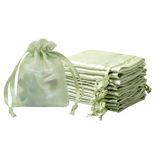 QIANF 20 Pcs Light Green Small Organza Bags 3X4 inch for Wedding Favors with Drawstring, Mini Mesh Gift Bags Jewelry Pouch for Candy Bridal Shower Party Favor Baby Shower Christmas - color: Light Green, size: 3x4"