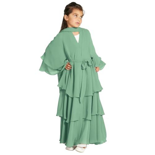 Chiffon layered Open Abaya Dubai Kaftan Muslim Cardigan Abayas Dresses For Girls Casual Robe Kimono Islam Clothing - color: Mint Green, size: 9-10 Years
