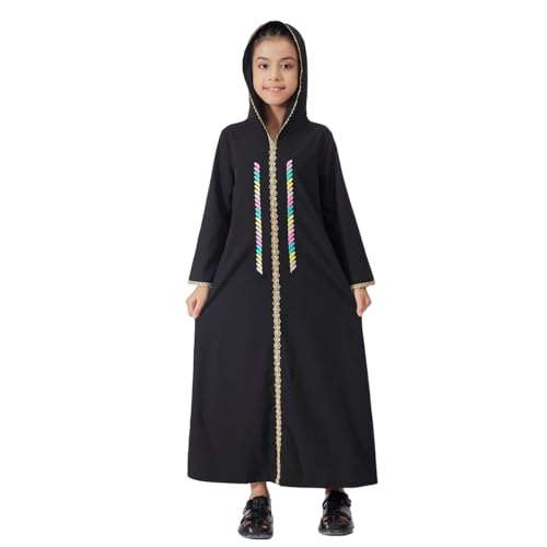 Kids Girls Abaya Muslim Eid Dress Gold Embroidered Lace Hooded Maxi Kaftan Robe Islamic Dubai Prayer Clothes - color: Black, size: 12 Years