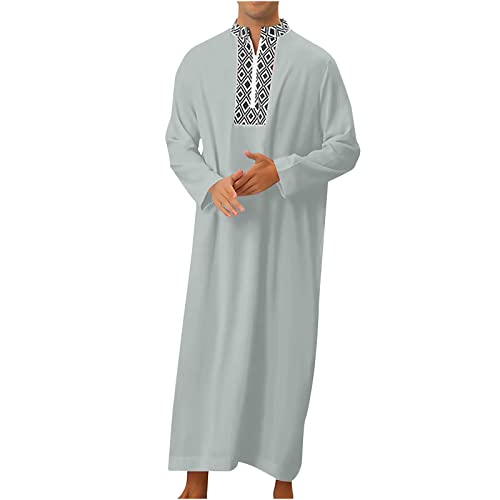 Ctreela Mens Zip V Neck Kaftan Thobe Button Down Casual Henley Shirts Long Sleeve Robe Ramadan Muslim Gown Thawb Shirts - color: Gray, size: Medium