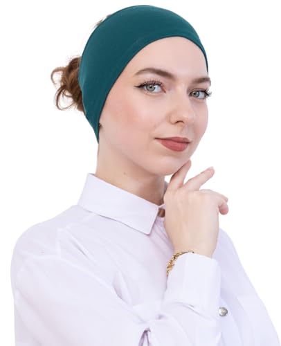 Prien Women Cotton Hijab Cap, Stretchy Head Cover, Pre-Sewn Inner Muslim Scarf Undercap, Non Slip Headband for Daily Wear - color: Emerald