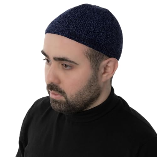 Modefa Islamic Prayer Kufi Hats for Men Chenille Knitted Stretchable Muslim Cap One-Size Fit - color: Navy Blue