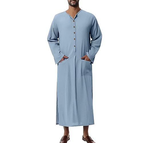 Muslim Thobe for Men Button Down Kaftan Long Sleeve Long Gowns Solid Sleep Shirts Robes with Pockets Side Split - color: Blue, size: Medium