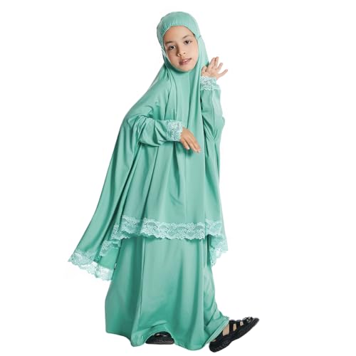 IBTOM CASTLE Little Girls Muslim Prayer Dress Abaya Long Sleeve Full Cover Lace Hijab Kaftan Dubai Islamic Modest Eid Jilbab - color: Green, size: 4-5T