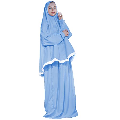 Women's Prayer Dress 2 Pieces Microfiber Solid Color Plus Long Sleeve | One-Size | Hijab Abaya Suit - color: Sky Blue