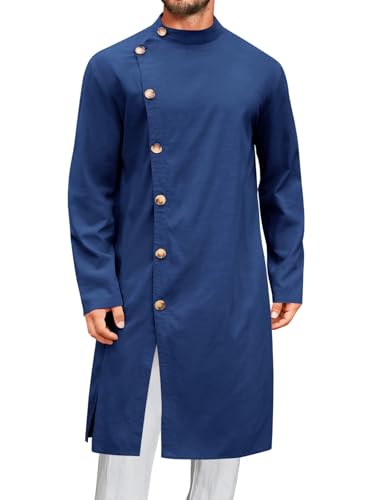 Runcati Mens Kaftan Thobe Button Down Long Sleeve Robe Casual Henley Shirt Cotton Muslim Gown Kurta Tops - color: Navy, size: Medium