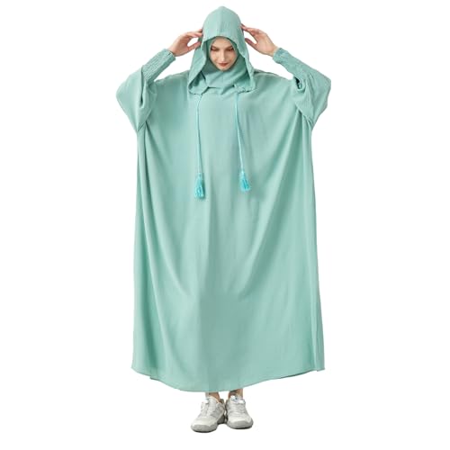 Abaya Muslim Dress Women Prayer Dress Long Sleeve Hooded Loose Maxi Dress Arabian Dubai Islamic Clothes - color: Celadon