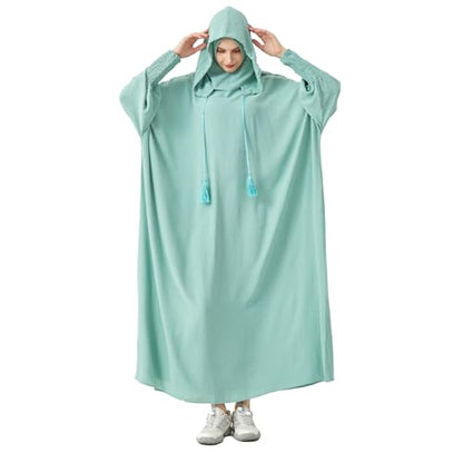 Abaya Muslim Dress Women Prayer Dress Long Sleeve Hooded Loose Maxi Dress Arabian Dubai Islamic Clothes - color: Celadon