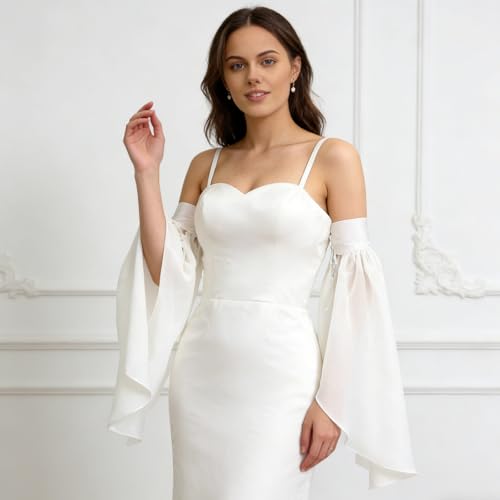 Long Tulle Bell Sleeves for Women, Women's Victorian Long Tulle Gloves with Adjustable Tie Strings - color: White