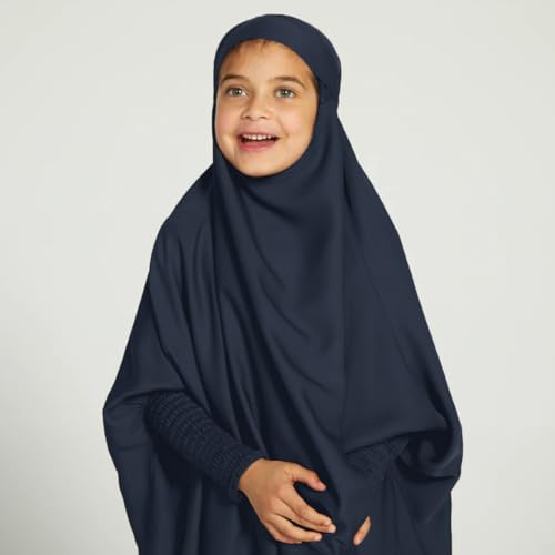 IDOPIP Muslim Dress for Girls One Piece Long Sleeve Islamic Prayer Dress with Hijab Casual Maxi Kaftan Abaya Gown Clothes - color: Navy Blue, size: 6-7 Years