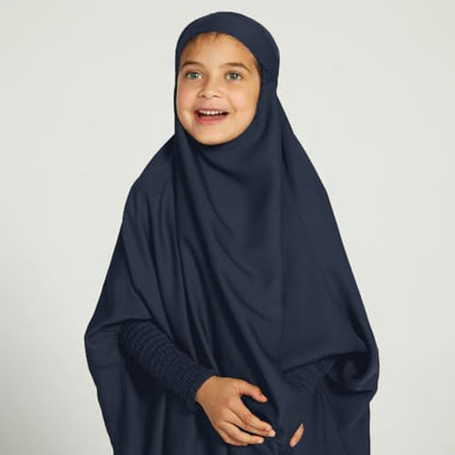 IDOPIP Muslim Dress for Girls One Piece Long Sleeve Islamic Prayer Dress with Hijab Casual Maxi Kaftan Abaya Gown Clothes - color: Navy Blue, size: 6-7 Years
