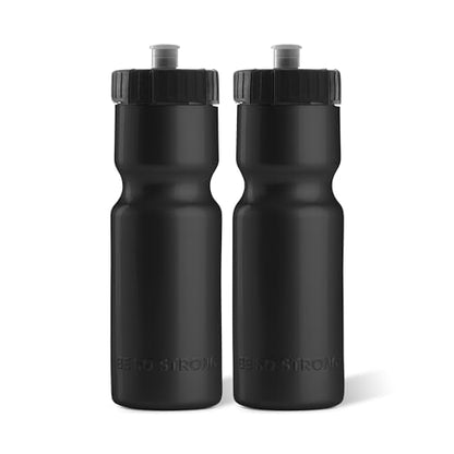 50 Strong Sports Water Bottles – Reusable 22 oz BPA-Free Plastic Bottles with Pull Top Cap – Made in USA – Top Rack Dishwasher Safe – Fits Most Bike Cages Brand - color: Black, style: 2 Pack