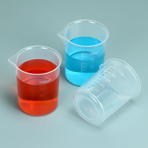 QWORK 100ml/3.4oz Lab Measuring Cup, 12 Pieces Plastic Beaker Cups Mixing Cup with Scale Marking, for Laboratory Use, Liquid Measuring