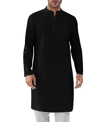 Gafeng Mens Kaftan Robe Button Down Long Sleeve Henley Cotton Thobe Casual Side Split Gown Shirt - color: Black, size: Small