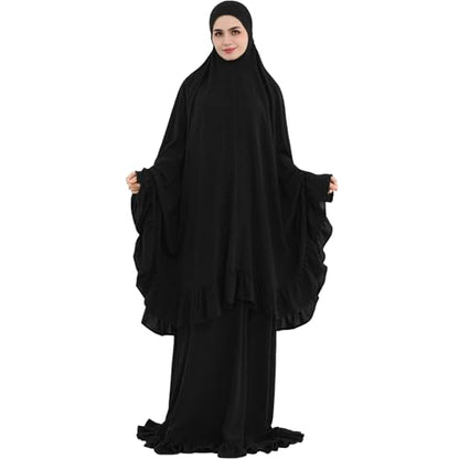 2PCS Abayas for Women Muslim Dress Ruffled Hem Modest Prayer Robe Full Coverage Modest Jilbab Set - color: Black, size: Medium