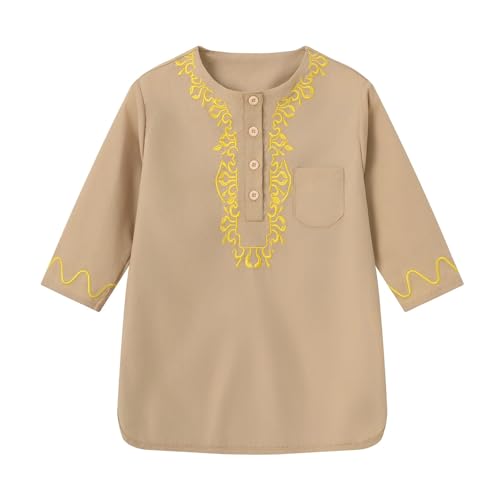 Boys Muslim Thobe Islamic Clothing Kids Muslim Prayer Clothes for Boys Eid Outfit Toddler Kaftan Ramadan Shirt Pants - color: Khaki, size: 5-6 Years