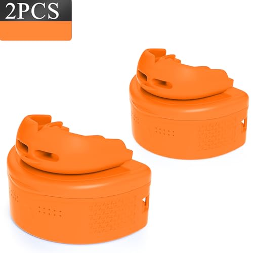 2Pcs Sport Mouth Guard Youth Adult, Mouthguard for Braces,Mouth Guard Football,Helmet Strap, Soft, No Boiling, Jujitsu Rugby Hockey - color: Dark Orange/Strapped