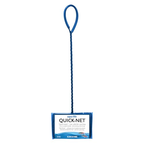 Penn-Plax Quick-Net Aquarium Fish Net - 5 x 4 in Fine Mesh, 16 in Vinyl-Covered Braided Long Handle - Small Aquarium Cleaning Tool for Gentle Fish Handling - Use in Freshwater & Saltwater Tanks - Blue - color: Blue, size: 5" Net - 16" Handle