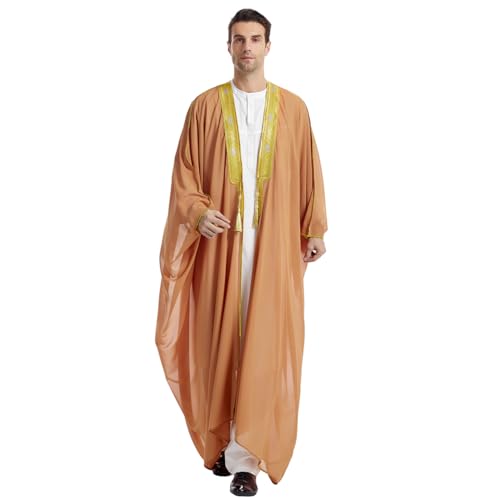 Muslim Thobe for Men Kaftan Robe Ramadan Abaya Prayer Dress Chiffon Open Front Embroidered Cardigan Islam Dubai Thobe Kimono - color: Camel, size: Large