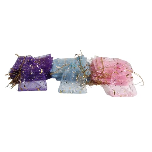 60 Pieces Moon Star Organza Jewelry Candy Bags, 3.5”x4.7” 3 Colors Little Mesh Candy Gift Bags, Organza Favor Gift Pouches with Drawstrings for Weddings Parties Valentine's Day (Purple+pink+sky blue) - color: Purple + pink + sky blue