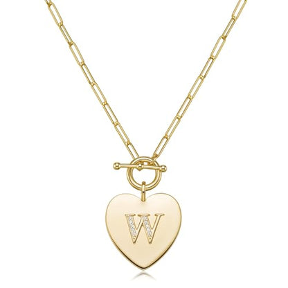 14K Gold Filled Heart Initial Necklace for Women, Dainty Alphabet Pendant Necklace with Paperclip Chain, Hypoallergenic Jewelry Gift for Her - color: Letter W