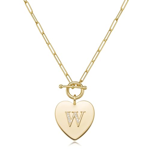 14K Gold Filled Heart Initial Necklace for Women, Dainty Alphabet Pendant Necklace with Paperclip Chain, Hypoallergenic Jewelry Gift for Her - color: Letter W