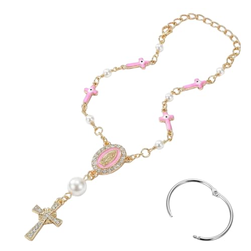 Car Rosary for Rearview Mirror, Evil Eye Pendant Car Interior Rear View Mirror Charm Auto Decors, Car Medal and Cross Personalized Hanging Accessories for Women Men (Cross Pink) - size: Cross Pink