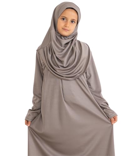Prien Kids Prayer Dress Muslim Clothes for Girls Long Sleeve Abaya with Hijab Two Piece Maxi Islamic Set Scarf Kaftan Jilbab - color: Deep Mink