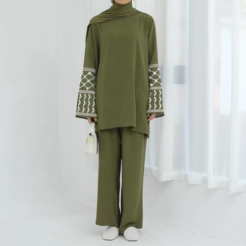 2 Piece Muslim Outfits for Women Palestine Embroidery Abayas Long Sleeve Loose Top Pants Islamic Dubai Prayer Clothes - color: Army Green, size: Large