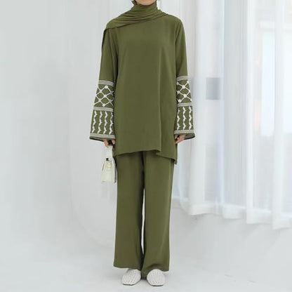2 Piece Muslim Outfits for Women Palestine Embroidery Abayas Long Sleeve Loose Top Pants Islamic Dubai Prayer Clothes - color: Army Green, size: Small