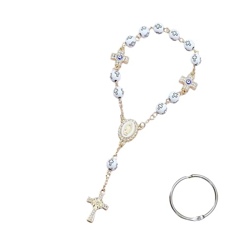 Car Rosary for Rearview Mirror, Evil Eye Pendant Car Interior Rear View Mirror Charm Auto Decors, Cross Personalized Hanging Accessories for Women Men (Golden-F) - size: Golden-F