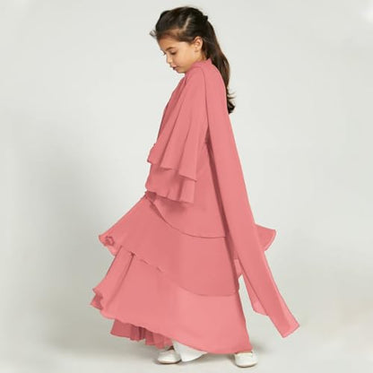 IDOPIP Muslim Girls Abayas Dress for Kids Long Sleeve Chiffon Islamic Kaftan Robe Open Front Cardigan Prayer Dress with Hijab - color: Pink, size: 4-5T