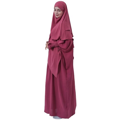 khalat Womens Muslim Prayer Dress Front Zipper Kaftan Islamic Robe Modest Solid Abayas for Women Muslim - color: Dark Red+hijab