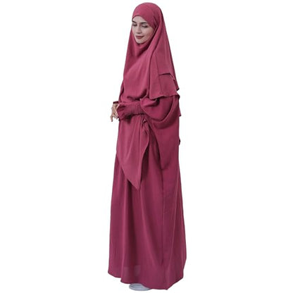 khalat Womens Muslim Prayer Dress Front Zipper Kaftan Islamic Robe Modest Solid Abayas for Women Muslim - color: Dark Red+hijab