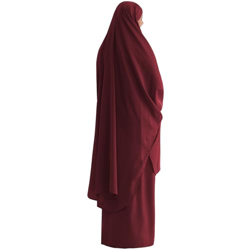 Muslim Women Abaya Two Pieces Set Prayer Dress Elasticated Sleeves Islamic Robe Modest Full Cover Prayer Clothes - color: Wine Red