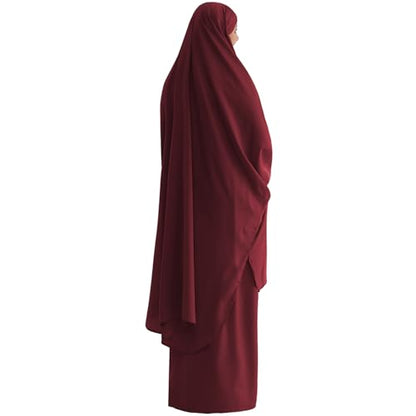Muslim Women Abaya Two Pieces Set Prayer Dress Elasticated Sleeves Islamic Robe Modest Full Cover Prayer Clothes - color: Wine Red