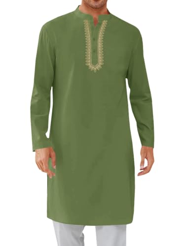 Yousify Mens Kaftan Thobe Casual Henley Shirts - color: Army Green, size: X-Large