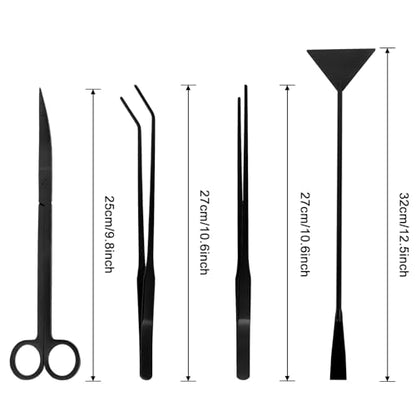 4Pcs Stainless Steel Aquascape Tool Kit with Tweezers Scissors Spatula | Black Anti-Rust Fish Tank Starter Kit Aquarium Plant Tools for Trimming Scraping Reptile Feeding - color: Black