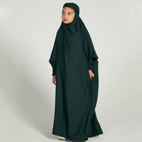 ODIZLI Muslim One Piece Prayer Hijab Dress Women Hooded Abaya Full Cover Islam Dubai Modest Robe - color: Dark Green Kids, size: 8-9 Years