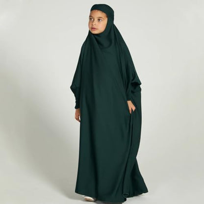 ODIZLI Muslim One Piece Prayer Hijab Dress Women Hooded Abaya Full Cover Islam Dubai Modest Robe - color: Dark Green Kids, size: 12-13 Years