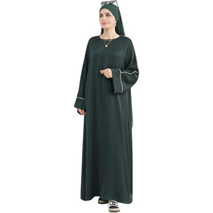Muslim Praying Dress for Women Silk Glossy Back Zipper Robe Wear Gold Trim Modest Abaya Dress with Hijab - color: Army Green, size: Medium