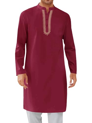 Yousify Mens Kaftan Thobe Casual Henley Shirts - color: Burgundy, size: Large