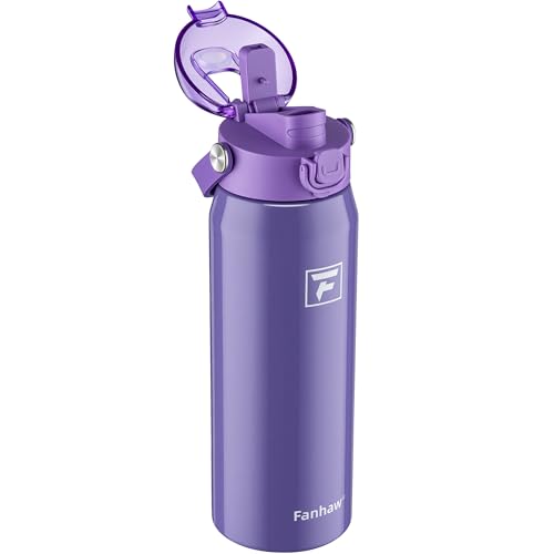 Fanhaw 710ml(24온스) 단열 스테인리스 스틸 물병, 2-in-1 빨대 및 처그 뚜껑, 누출 방지 넓은 입구 진공 병, 학교, 스포츠, 어린이, 청소년 및 성인용, 개학 필수품(라일락) - color: 라일락