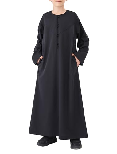 FYMNSI Arabic Thobe for Muslim Boys Robe Long Sleeve Kaftan with Pockets Solid Color Middle East Abayas Dubai Clothing 5-15T - color: Black, size: 12-13 Years