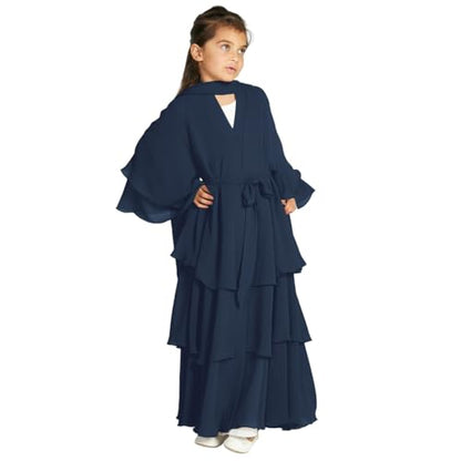 Chiffon layered Open Abaya Dubai Kaftan Muslim Cardigan Abayas Dresses For Girls Casual Robe Kimono Islam Clothing - color: Navy Blue, size: 11-12 Years